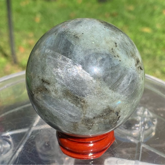 58.5MM 2.2” Madagascar Rainbow Labradorite Stone Sphere Crystal Ball Wood Stand - Picture 4 of 14